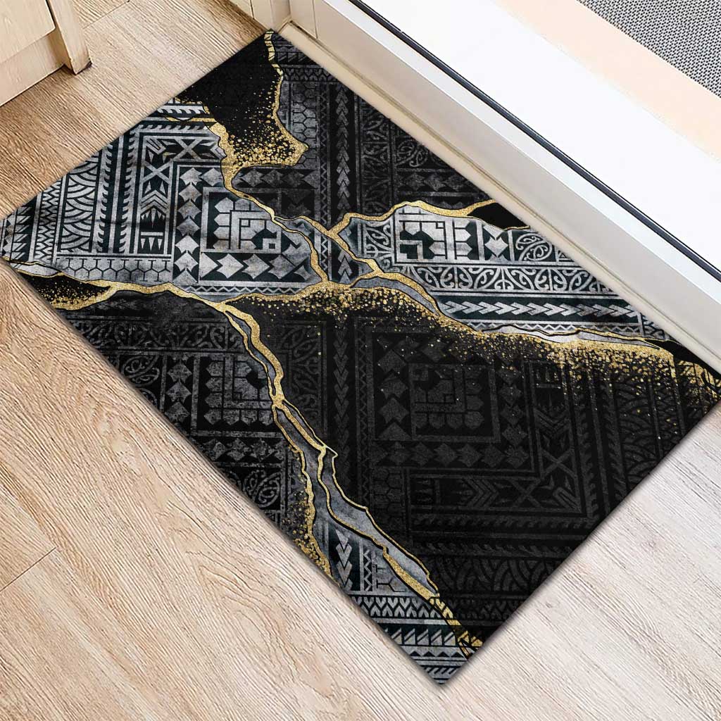 Polynesian Tribal Tattoo Rubber Doormat Dark Marble Pattern
