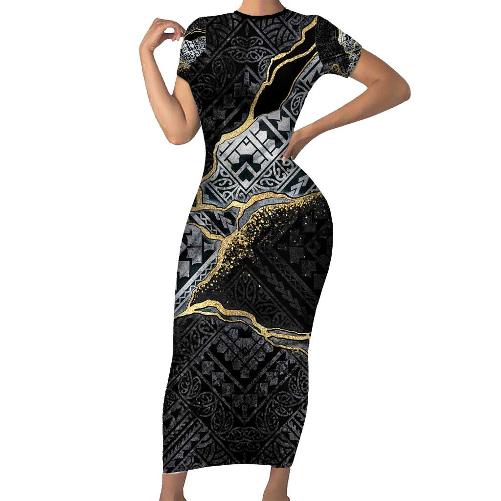 Polynesian Tribal Tattoo Short Sleeve Bodycon Dress Dark Marble Pattern