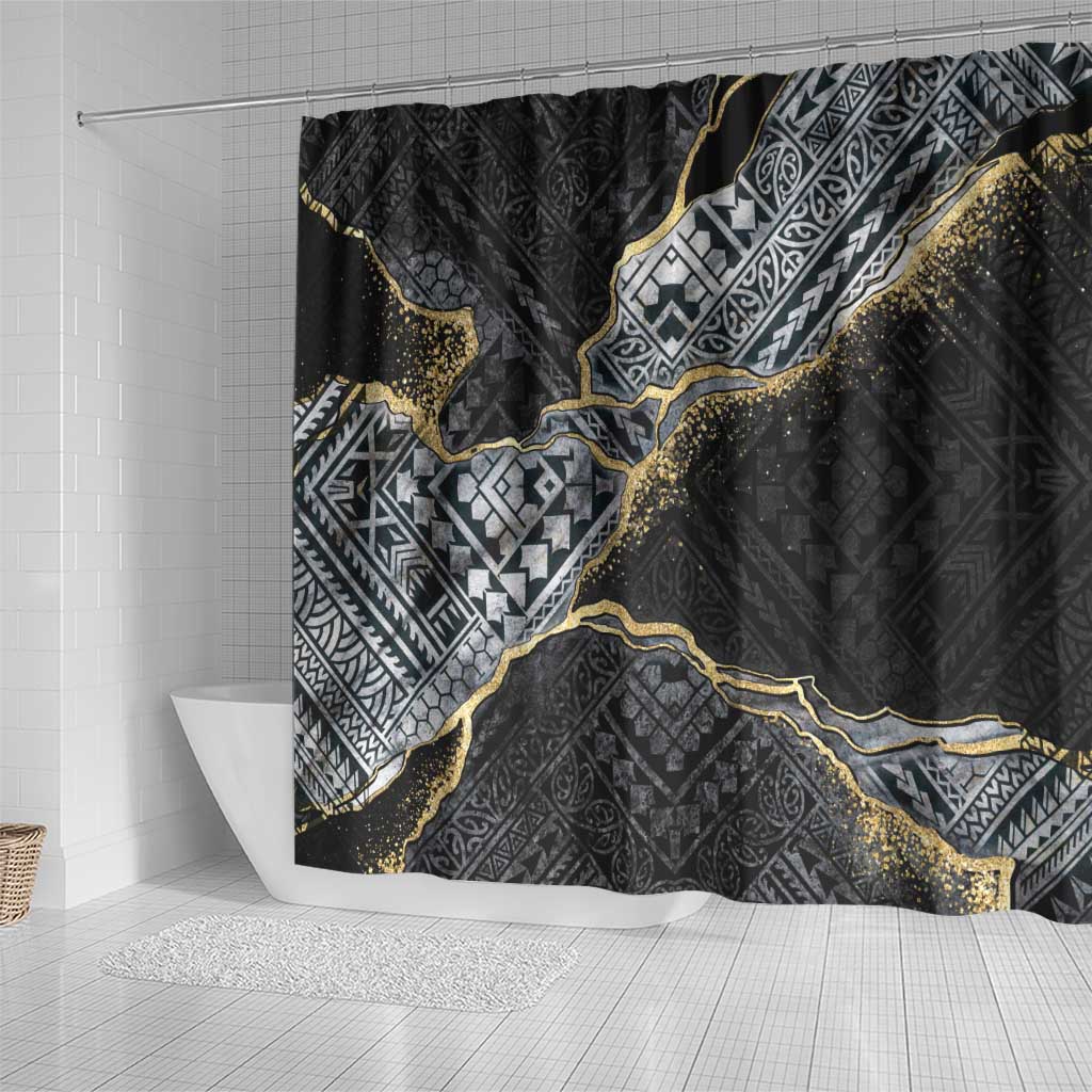 Polynesian Tribal Tattoo Shower Curtain Dark Marble Pattern