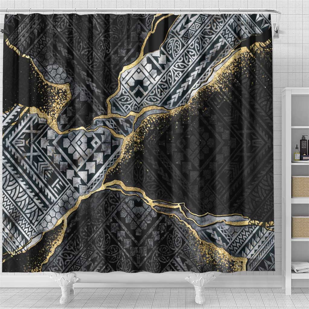 Polynesian Tribal Tattoo Shower Curtain Dark Marble Pattern