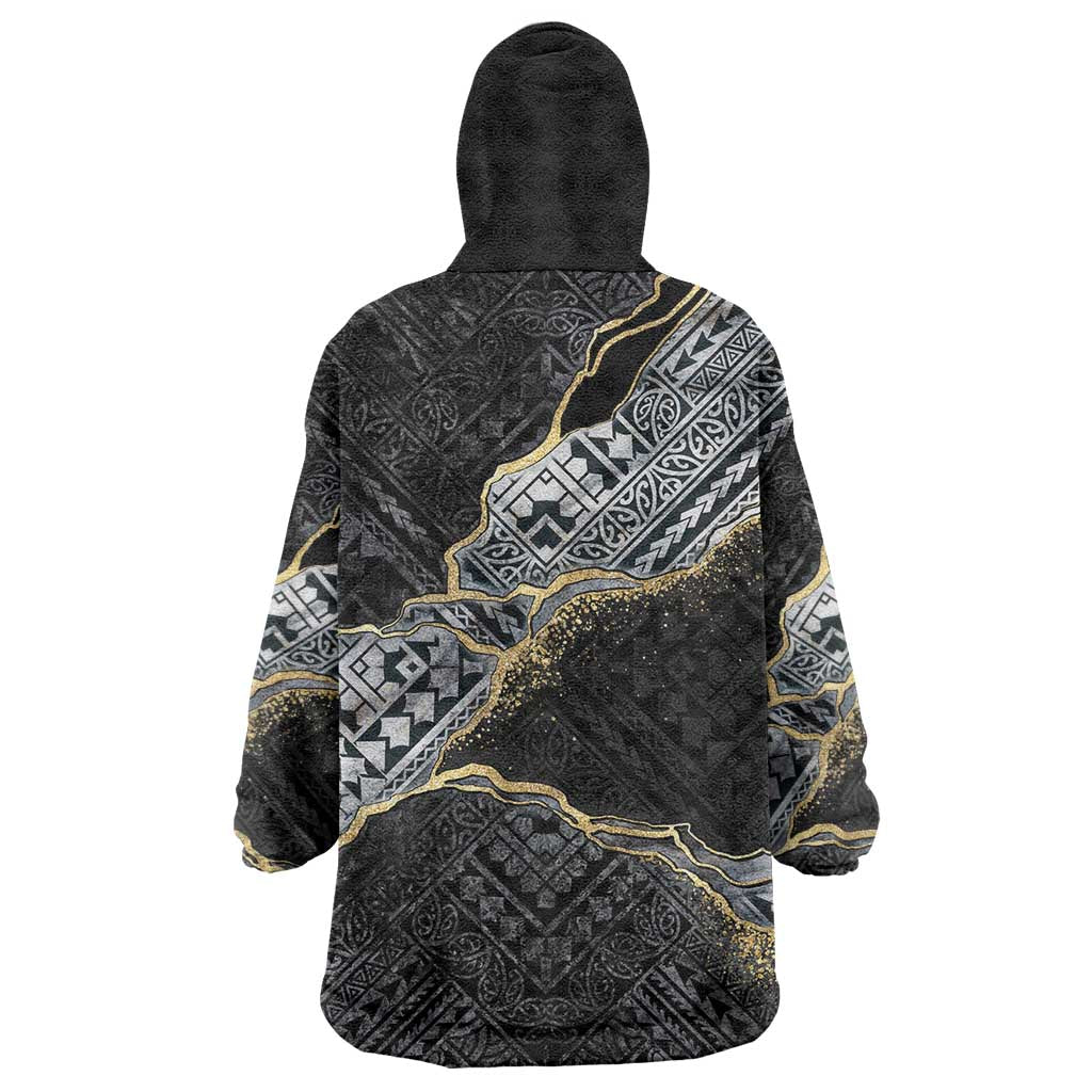 Polynesian Tribal Tattoo Wearable Blanket Hoodie Dark Marble Pattern