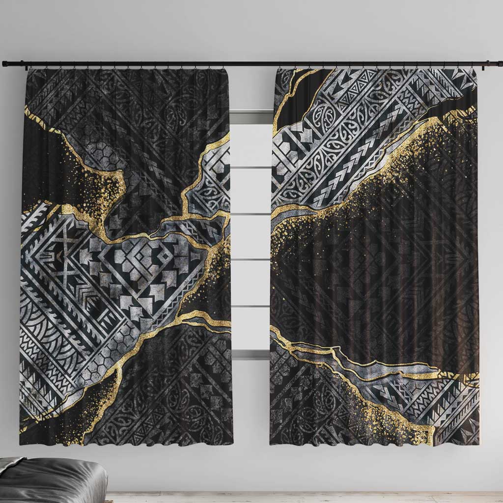 Polynesian Tribal Tattoo Window Curtain Dark Marble Pattern