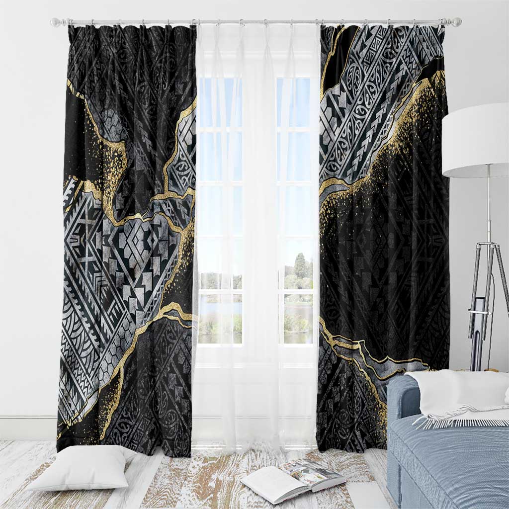 Polynesian Tribal Tattoo Window Curtain Dark Marble Pattern