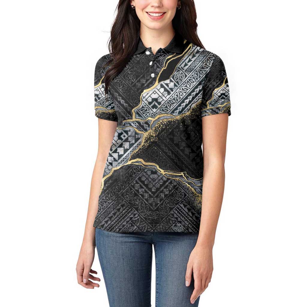 Polynesian Tribal Tattoo Women Polo Shirt Dark Marble Pattern