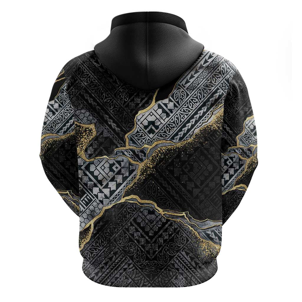Polynesian Tribal Tattoo Zip Hoodie Dark Marble Pattern