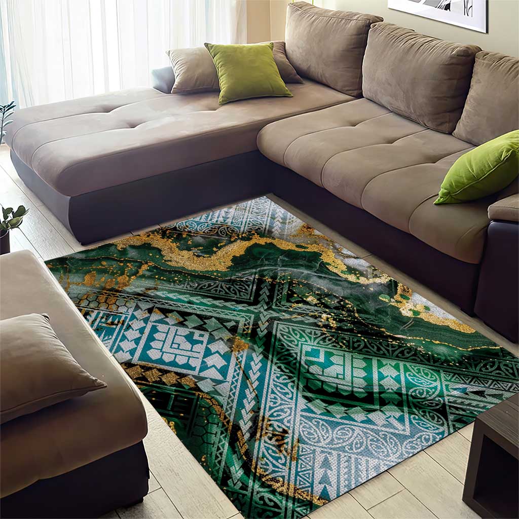 Polynesian Tribal Tattoo Area Rug Green Marble Pattern