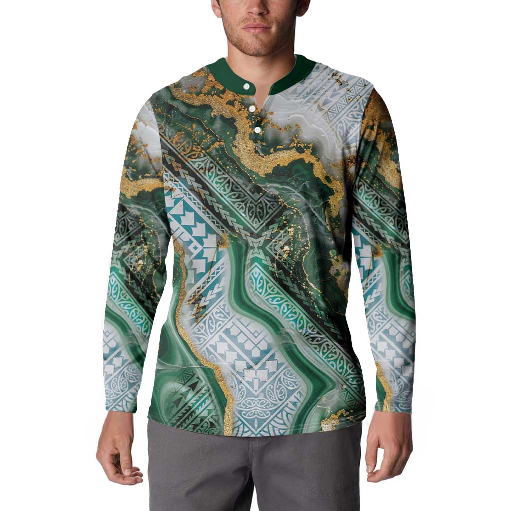 Polynesian Tribal Tattoo Button Sweatshirt Green Marble Pattern