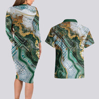 Polynesian Tribal Tattoo Couples Matching Long Sleeve Bodycon Dress and Hawaiian Shirt Green Marble Pattern
