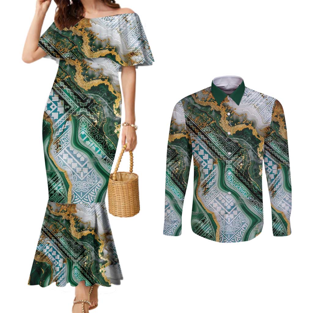 Polynesian Tribal Tattoo Couples Matching Mermaid Dress and Long Sleeve Button Shirt Green Marble Pattern