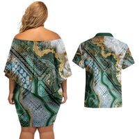 Polynesian Tribal Tattoo Couples Matching Off Shoulder Short Dress and Hawaiian Shirt Green Marble Pattern