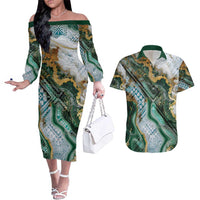 Polynesian Tribal Tattoo Couples Matching Off The Shoulder Long Sleeve Dress and Hawaiian Shirt Green Marble Pattern