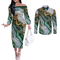 Polynesian Tribal Tattoo Couples Matching Off The Shoulder Long Sleeve Dress and Long Sleeve Button Shirt Green Marble Pattern