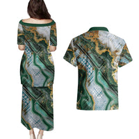 Polynesian Tribal Tattoo Couples Matching Puletasi and Hawaiian Shirt Green Marble Pattern