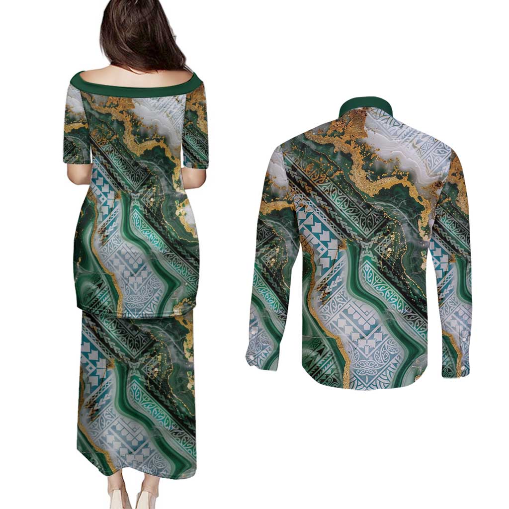 Polynesian Tribal Tattoo Couples Matching Puletasi and Long Sleeve Button Shirt Green Marble Pattern