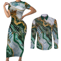 Polynesian Tribal Tattoo Couples Matching Short Sleeve Bodycon Dress and Long Sleeve Button Shirt Green Marble Pattern