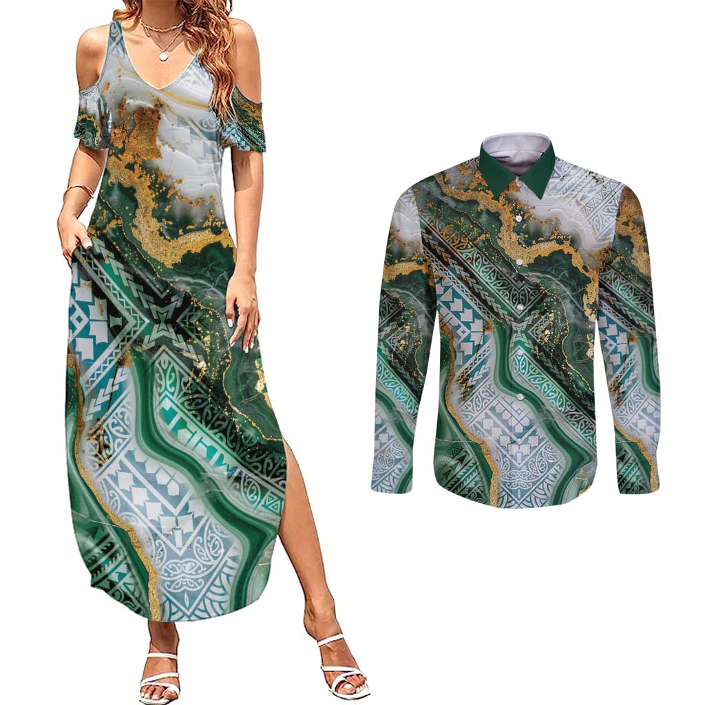 Polynesian Tribal Tattoo Couples Matching Summer Maxi Dress and Long Sleeve Button Shirt Green Marble Pattern