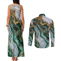 Polynesian Tribal Tattoo Couples Matching Tank Maxi Dress and Long Sleeve Button Shirt Green Marble Pattern