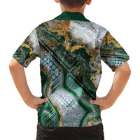 Polynesian Tribal Tattoo Family Matching Off Shoulder Short Dress and Hawaiian Shirt Green Marble Pattern