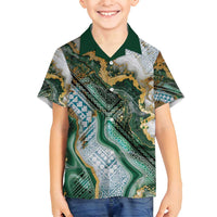 Polynesian Tribal Tattoo Family Matching Off Shoulder Short Dress and Hawaiian Shirt Green Marble Pattern
