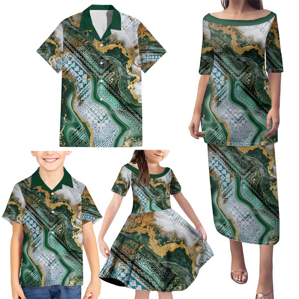 Polynesian Tribal Tattoo Family Matching Puletasi and Hawaiian Shirt Green Marble Pattern