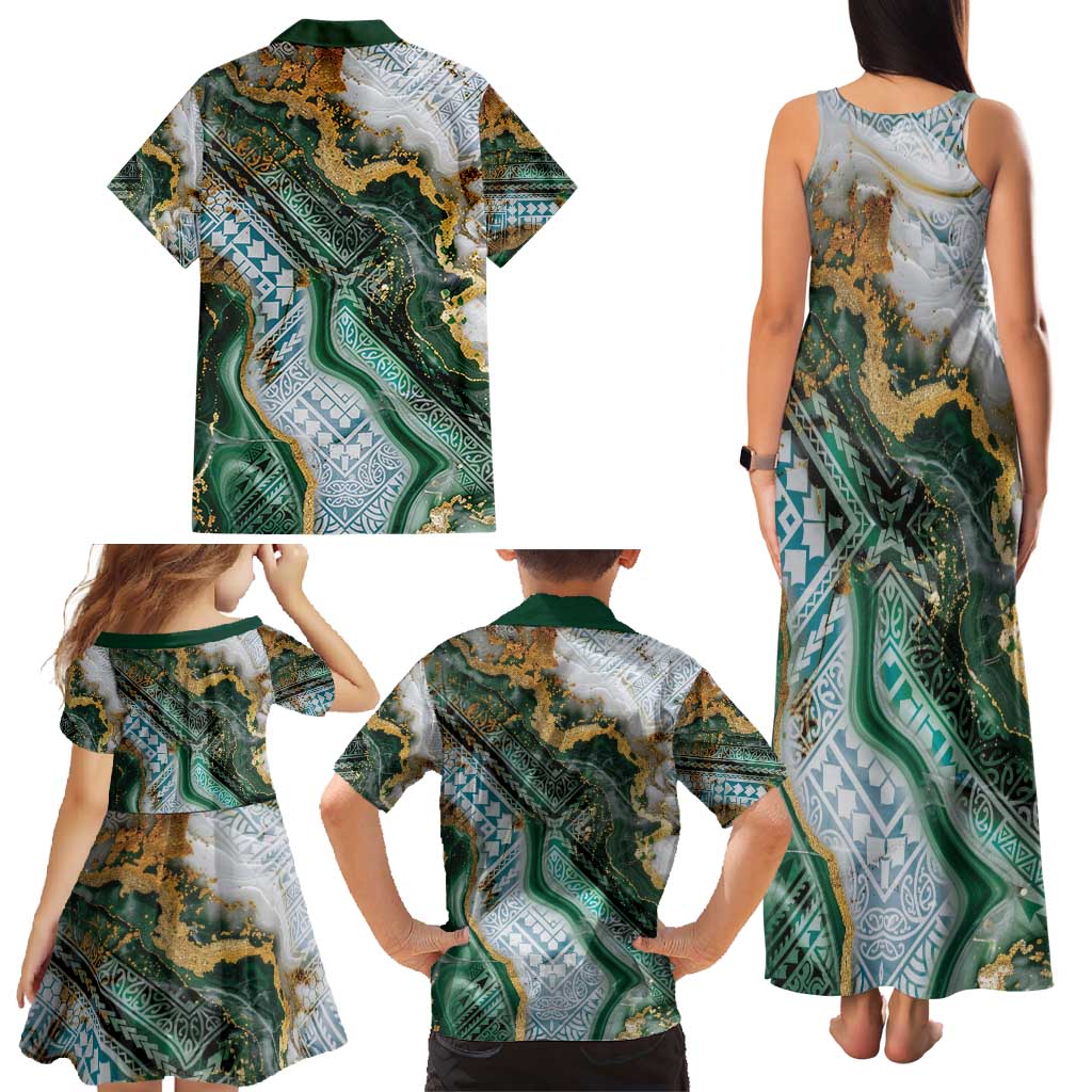 Polynesian Tribal Tattoo Family Matching Tank Maxi Dress and Hawaiian Shirt Green Marble Pattern