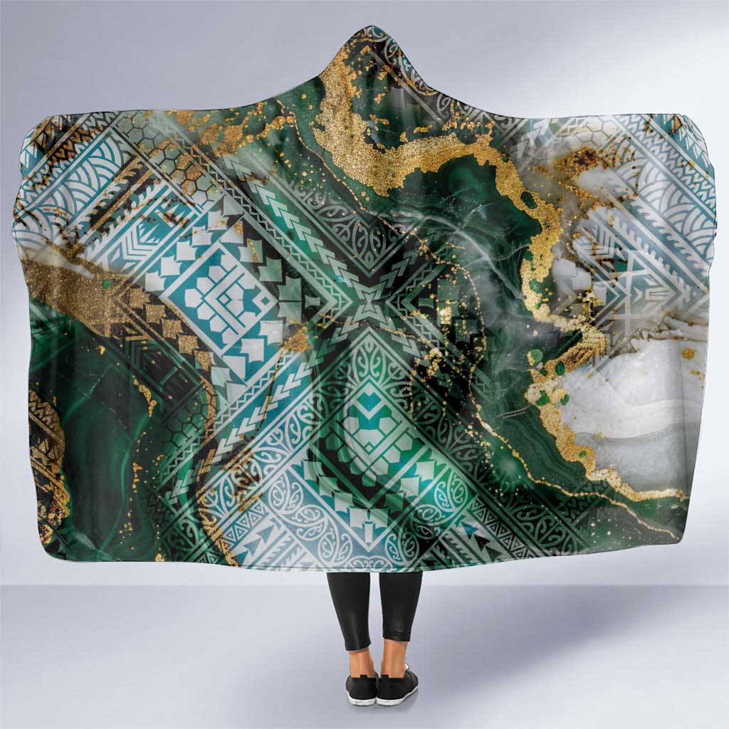 Polynesian Tribal Tattoo Hooded Blanket Green Marble Pattern