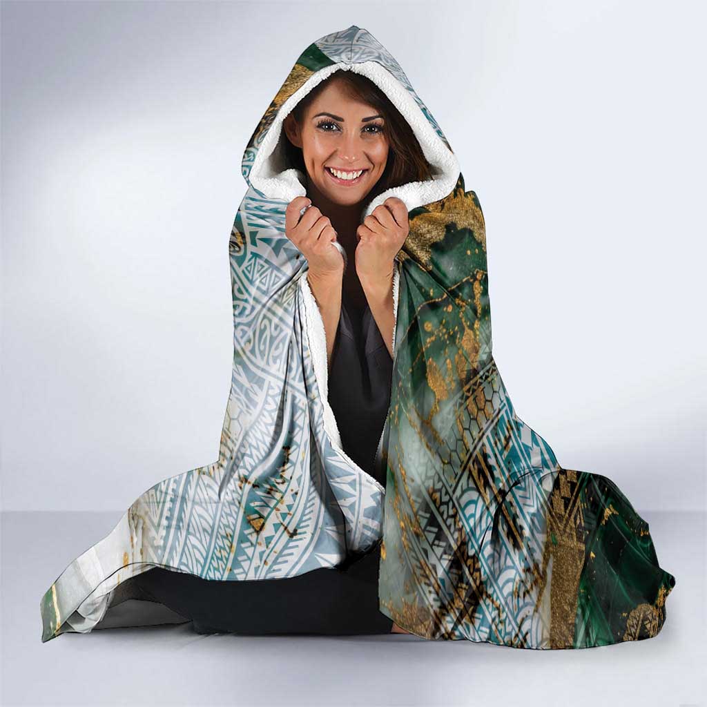 Polynesian Tribal Tattoo Hooded Blanket Green Marble Pattern