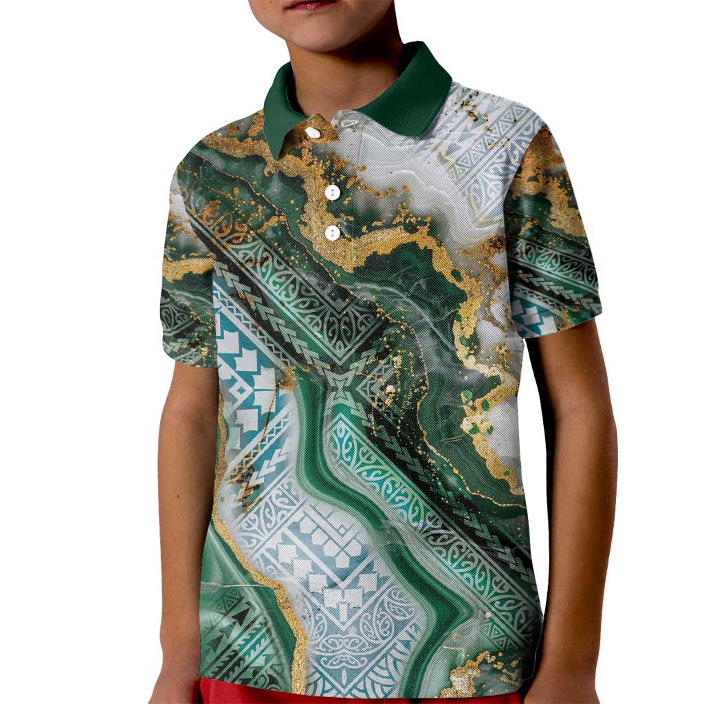 Polynesian Tribal Tattoo Kid Polo Shirt Green Marble Pattern