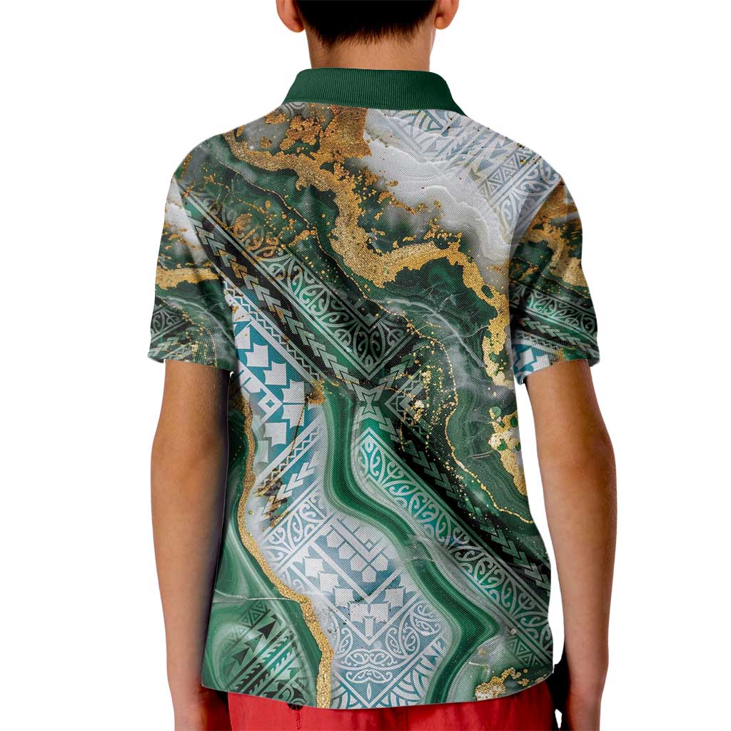 Polynesian Tribal Tattoo Kid Polo Shirt Green Marble Pattern