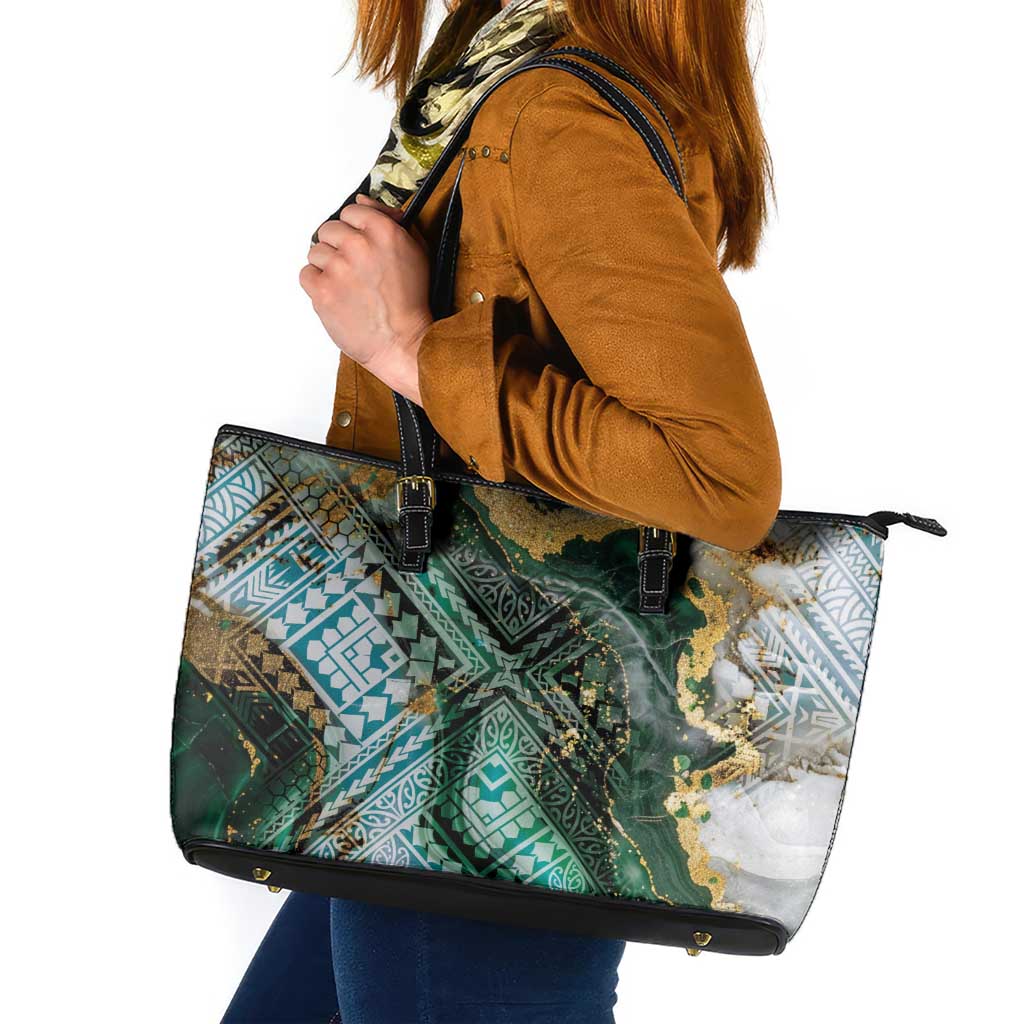 Polynesian Tribal Tattoo Leather Tote Bag Green Marble Pattern