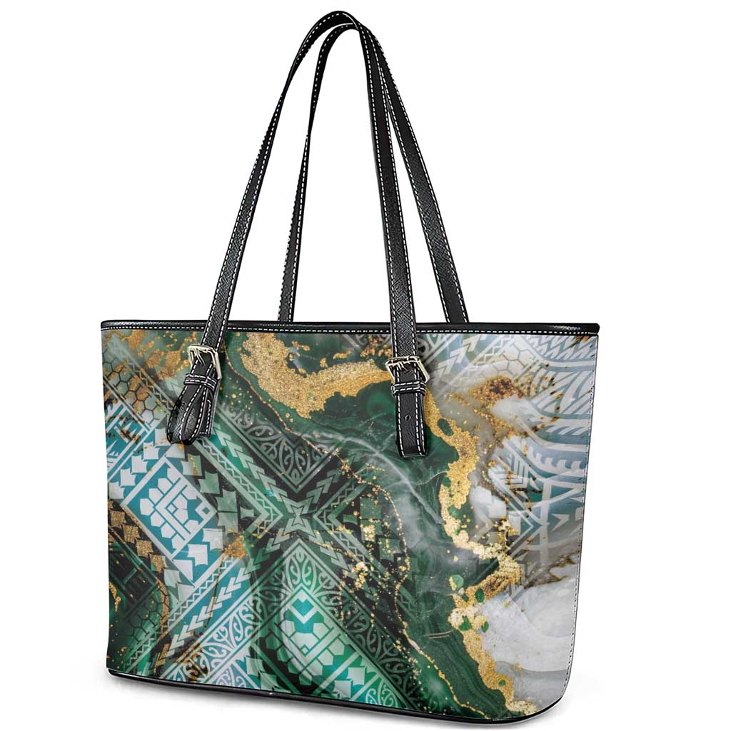 Polynesian Tribal Tattoo Leather Tote Bag Green Marble Pattern