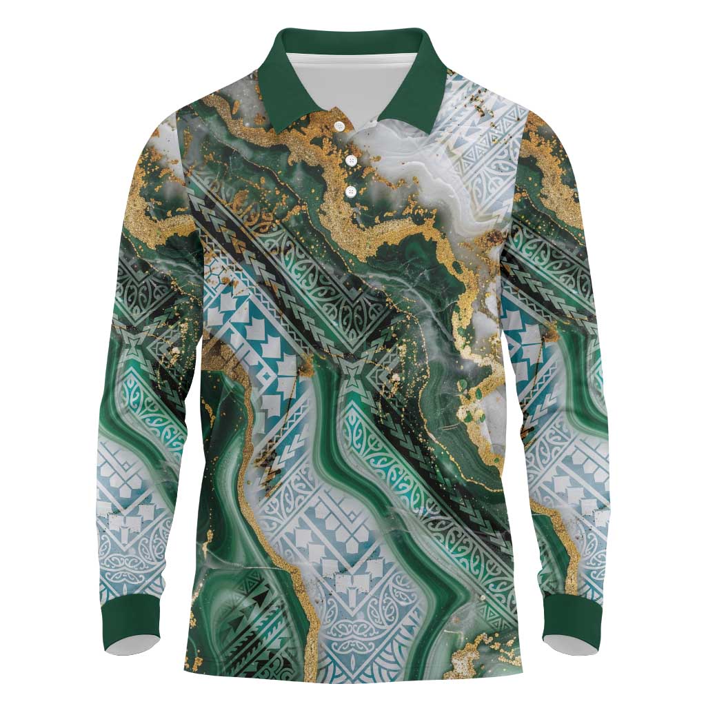 Polynesian Tribal Tattoo Long Sleeve Polo Shirt Green Marble Pattern LT9 Green - Polynesian Pride