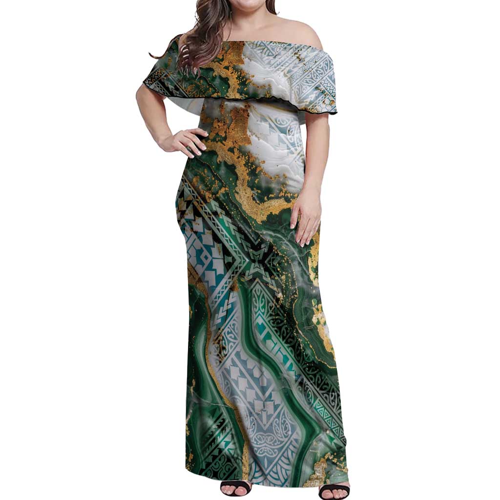 Polynesian Tribal Tattoo Off Shoulder Maxi Dress Green Marble Pattern