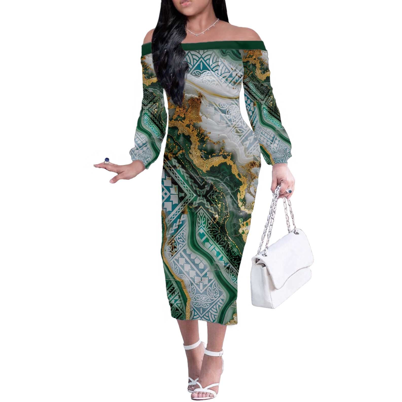 Polynesian Tribal Tattoo Off The Shoulder Long Sleeve Dress Green Marble Pattern