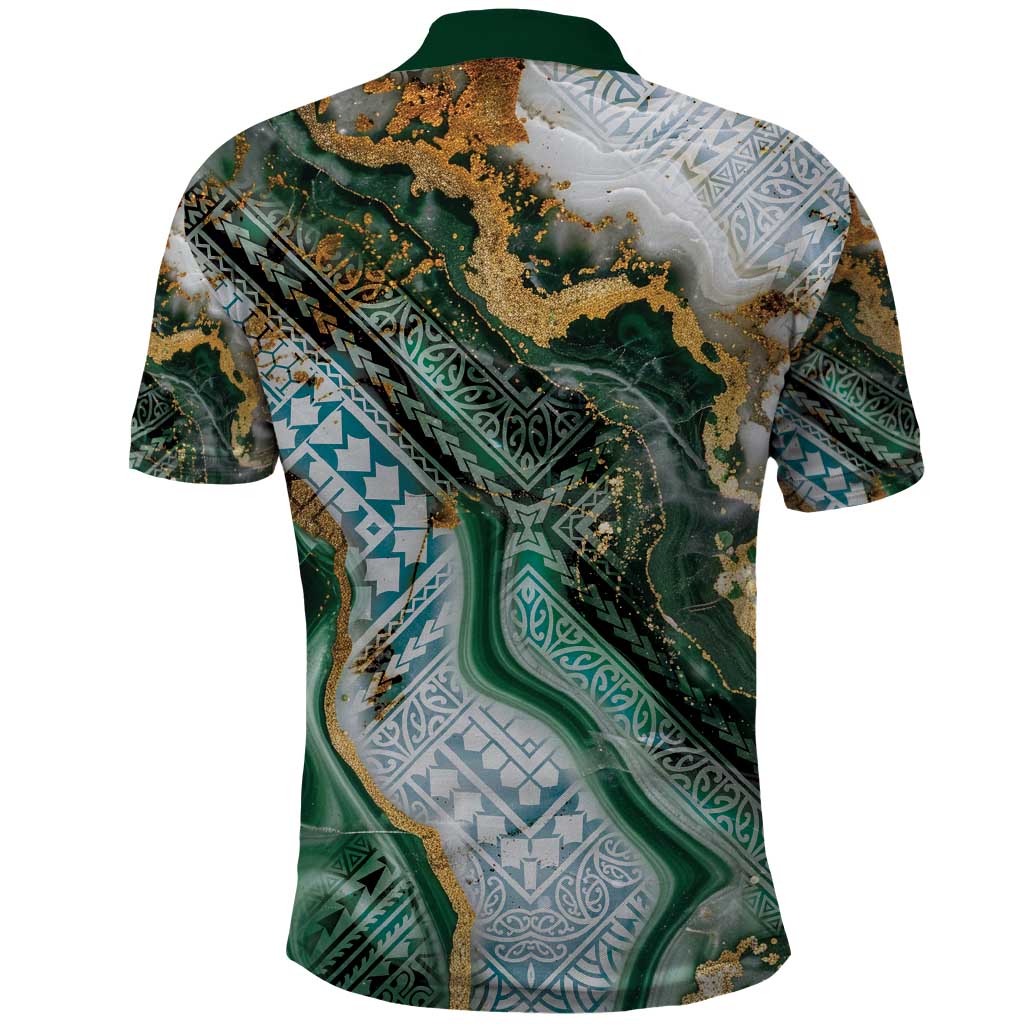 Polynesian Tribal Tattoo Polo Shirt Green Marble Pattern