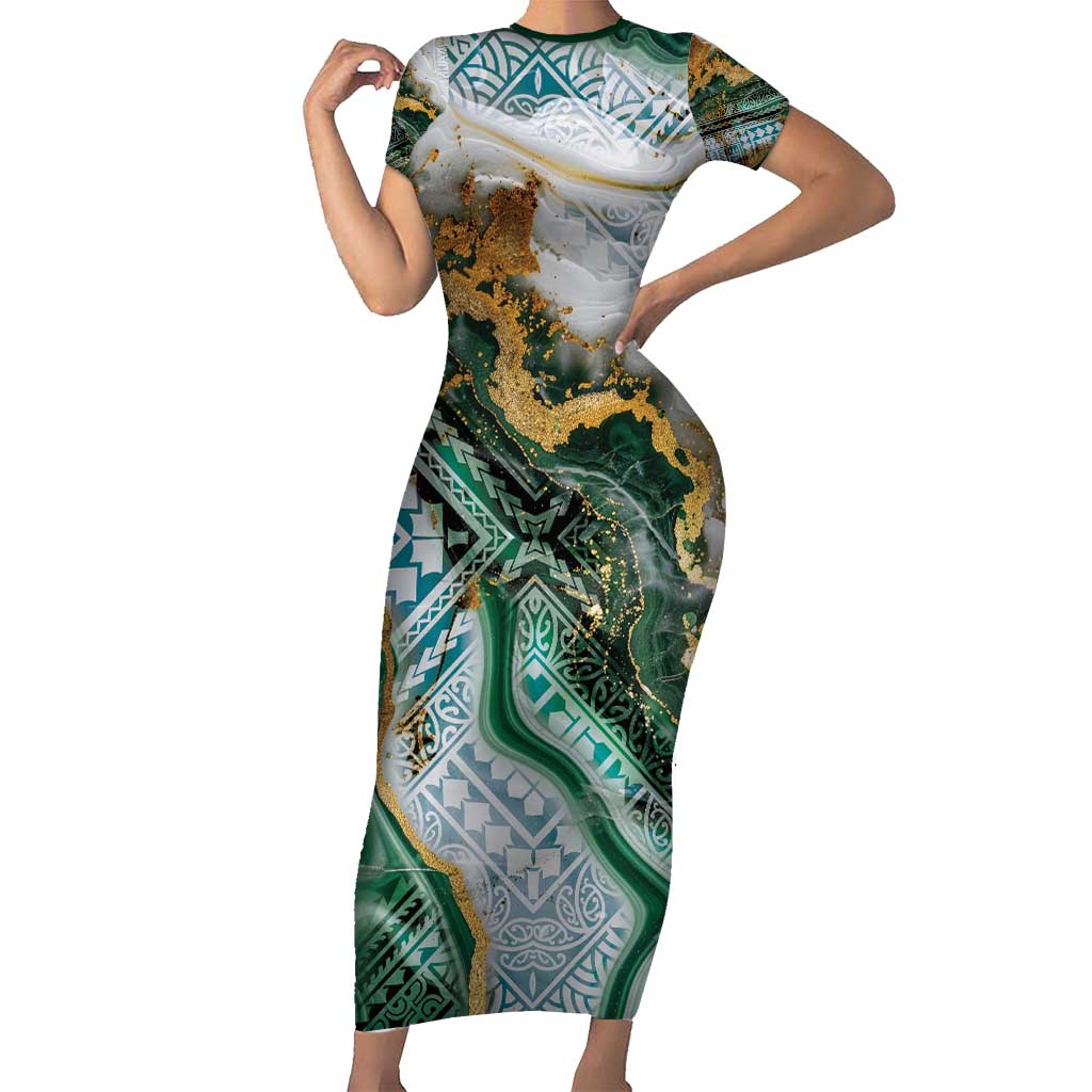 Polynesian Tribal Tattoo Short Sleeve Bodycon Dress Green Marble Pattern