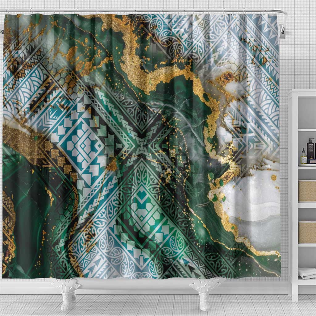 Polynesian Tribal Tattoo Shower Curtain Green Marble Pattern