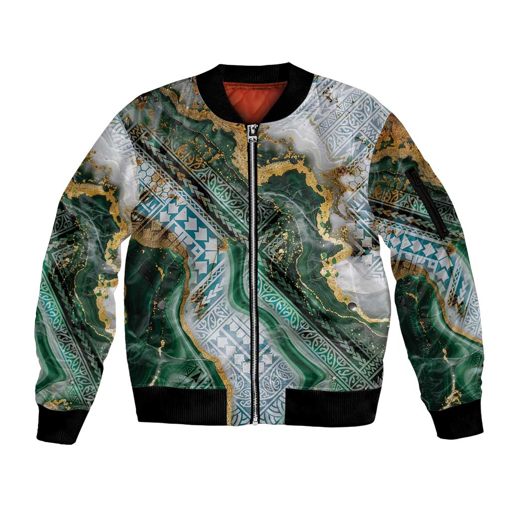Polynesian Tribal Tattoo Sleeve Zip Bomber Jacket Green Marble Pattern LT9 Unisex Green - Polynesian Pride