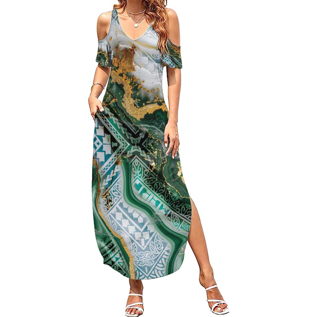 Polynesian Tribal Tattoo Summer Maxi Dress Green Marble Pattern