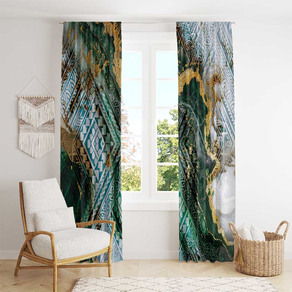 Polynesian Tribal Tattoo Window Curtain Green Marble Pattern