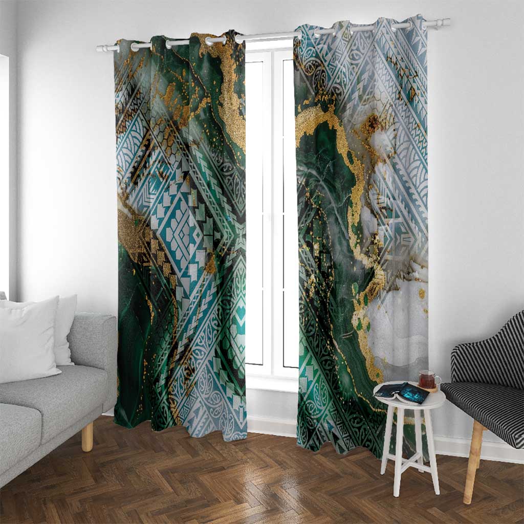 Polynesian Tribal Tattoo Window Curtain Green Marble Pattern