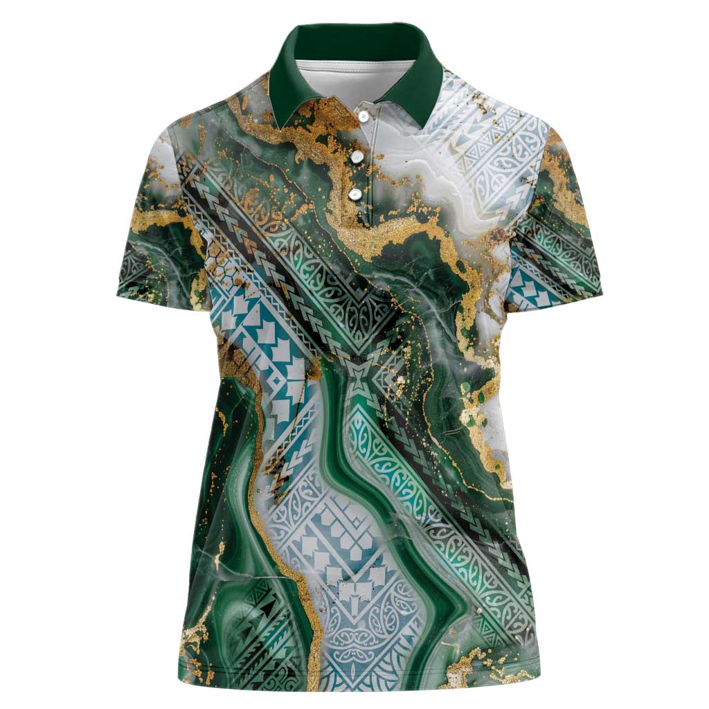Polynesian Tribal Tattoo Women Polo Shirt Green Marble Pattern