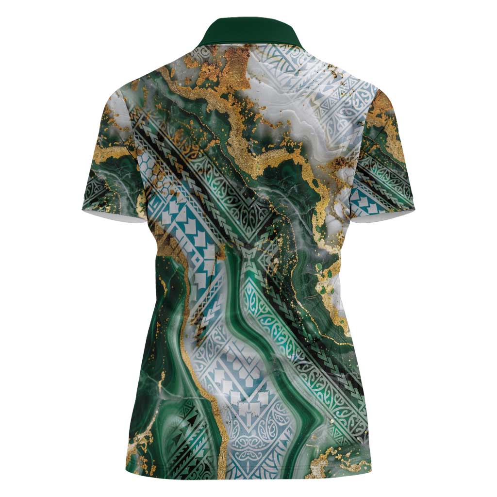 Polynesian Tribal Tattoo Women Polo Shirt Green Marble Pattern