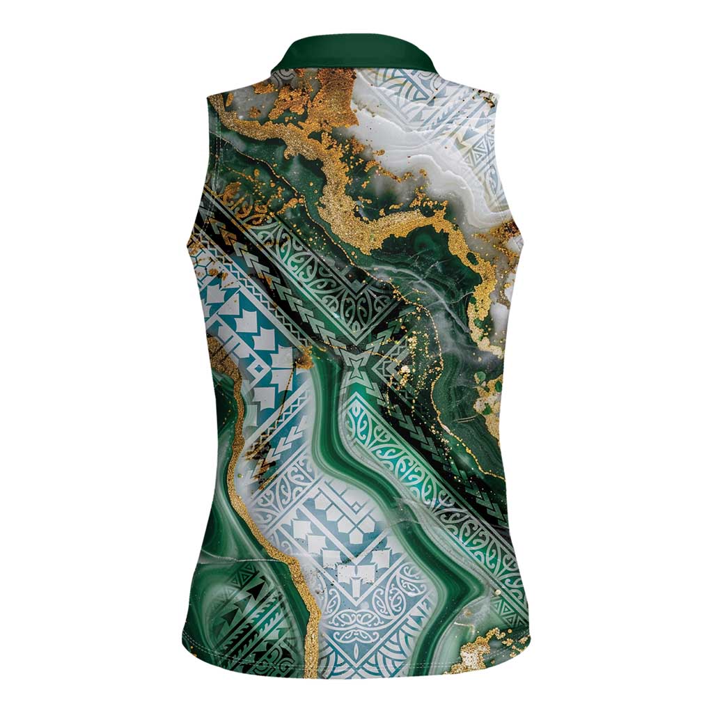 Polynesian Tribal Tattoo Women Sleeveless Polo Shirt Green Marble Pattern LT9 - Polynesian Pride