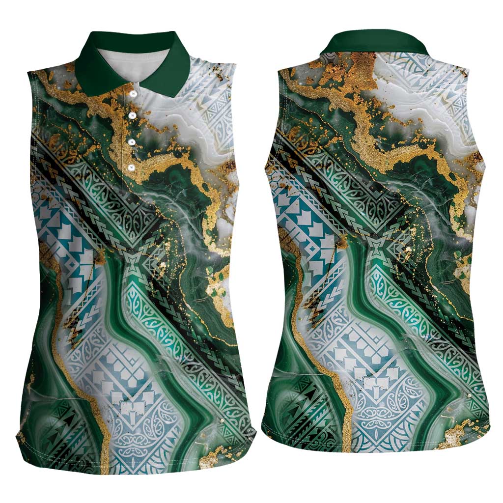 Polynesian Tribal Tattoo Women Sleeveless Polo Shirt Green Marble Pattern LT9 - Polynesian Pride