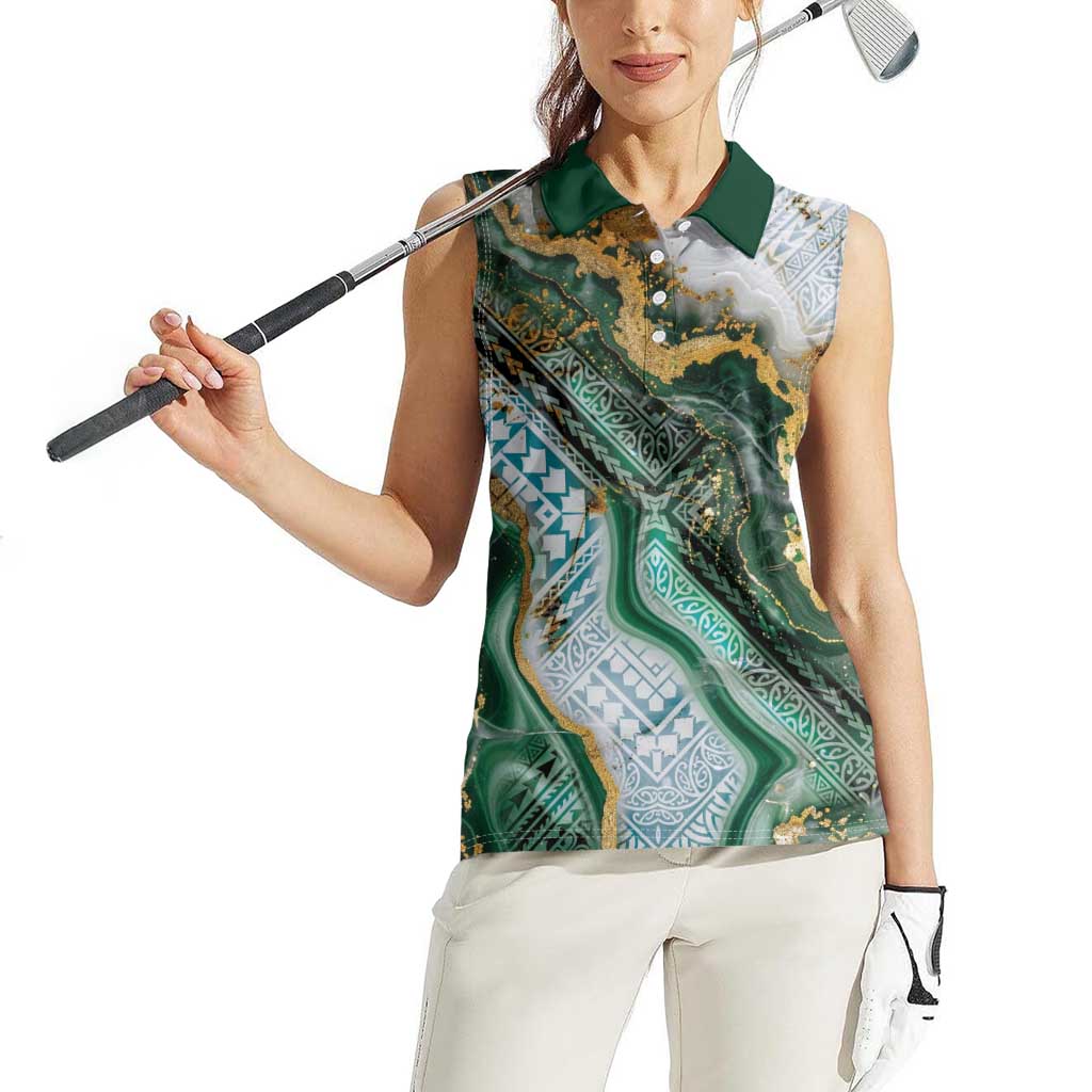 Polynesian Tribal Tattoo Women Sleeveless Polo Shirt Green Marble Pattern LT9 - Polynesian Pride