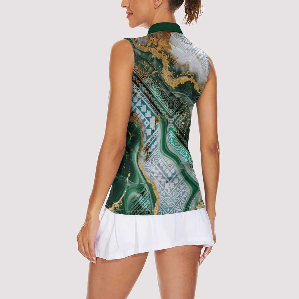 Polynesian Tribal Tattoo Women Sleeveless Polo Shirt Green Marble Pattern LT9 - Polynesian Pride