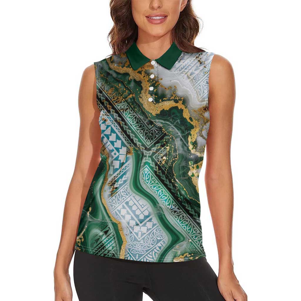 Polynesian Tribal Tattoo Women Sleeveless Polo Shirt Green Marble Pattern LT9 - Polynesian Pride