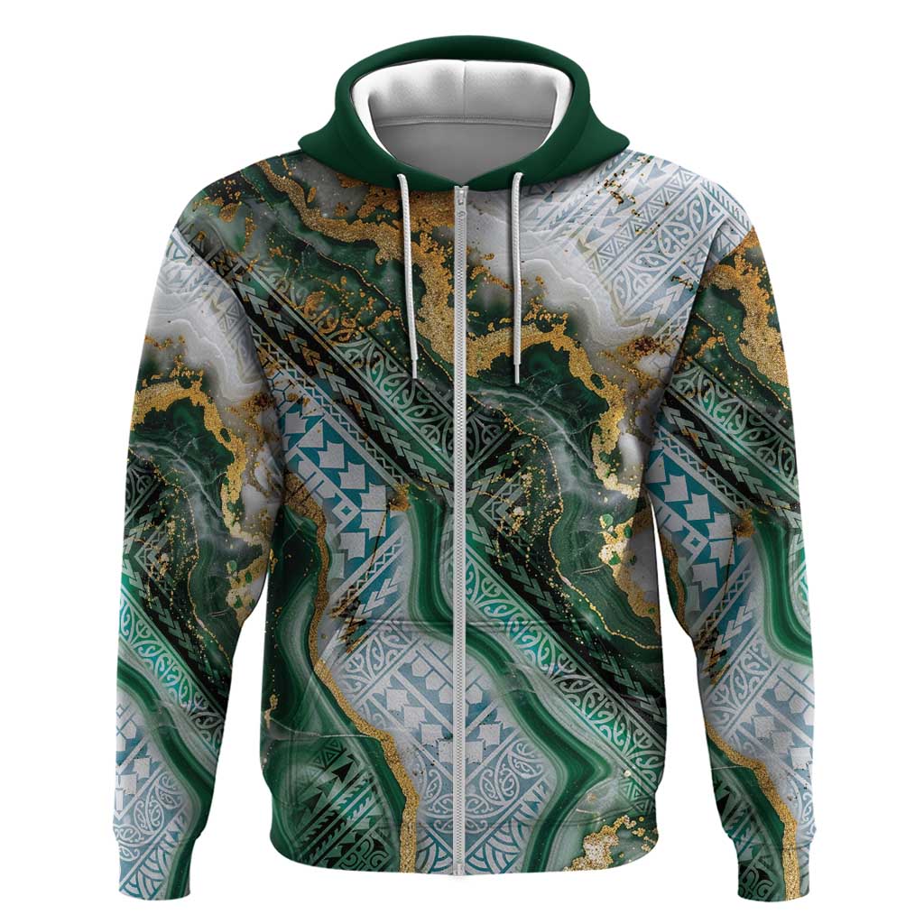 Polynesian Tribal Tattoo Zip Hoodie Green Marble Pattern