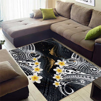 Polynesian Tribal Tattoo Area Rug Plumeria Black Gold Marble Pattern
